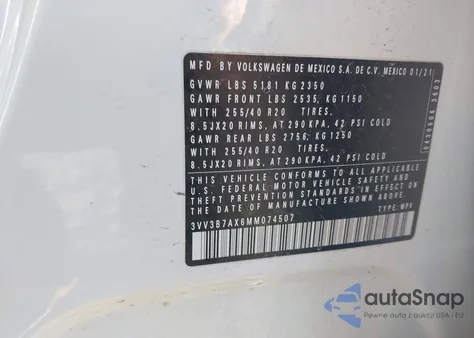 2021 Volkswagen Tiguan 2.0T Se/2.0T Se R-Line Black/2.0T Sel z USA, uszkodzony, nr VIN 3VV3B7AX6MM074507